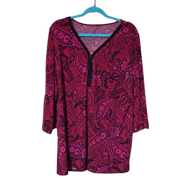 Dress Barn Plus Size Top, 3X Red & Black With Black Sequins V-Neck Blouse Shirt - Picture 1 of 9